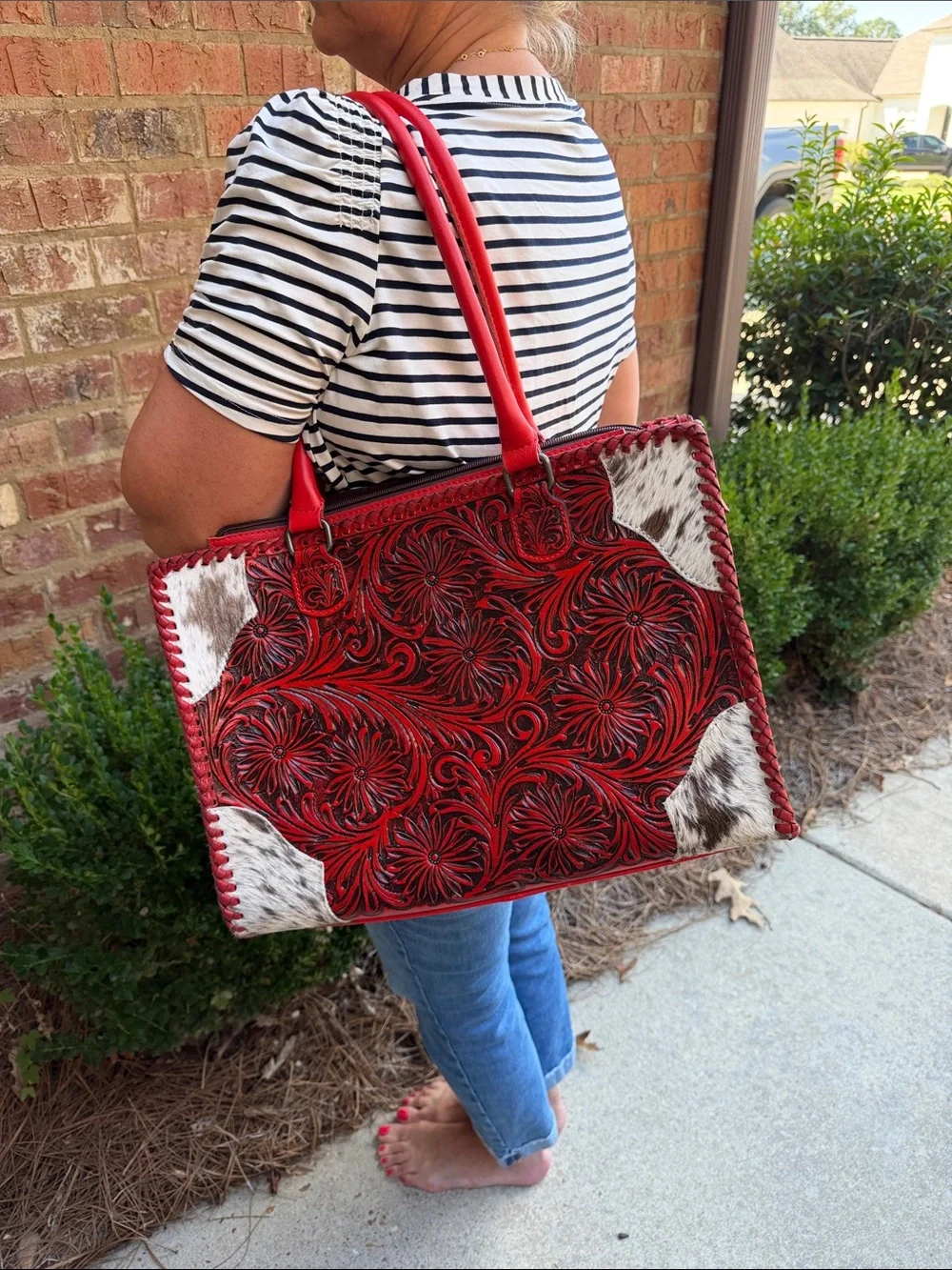 Women's Red Tooled Leather Tote with Hair-on-Hide Accents